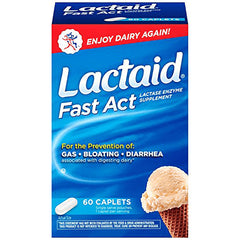 LAC001 | Lactaid Fast Act front box showing 60 caplets and text Enjoy Dairy Again, gas, bloating, diarrhea