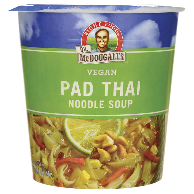 DMD020 | Dr. McDougall's vegan Pad Thai noodle soup cup front packaging with lime and noodles