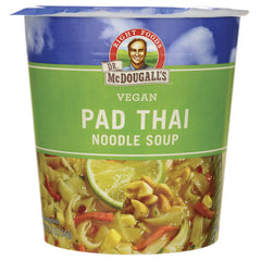 DMD020 | Dr. McDougall's vegan Pad Thai noodle soup cup front packaging with lime and noodles