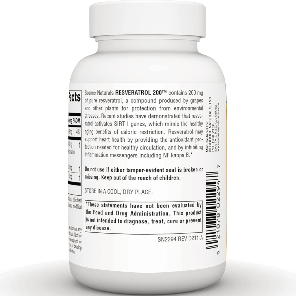 SN827 | Source Naturals Resveratrol 200 back label with supplement facts, warnings, and barcode - Thumbnail