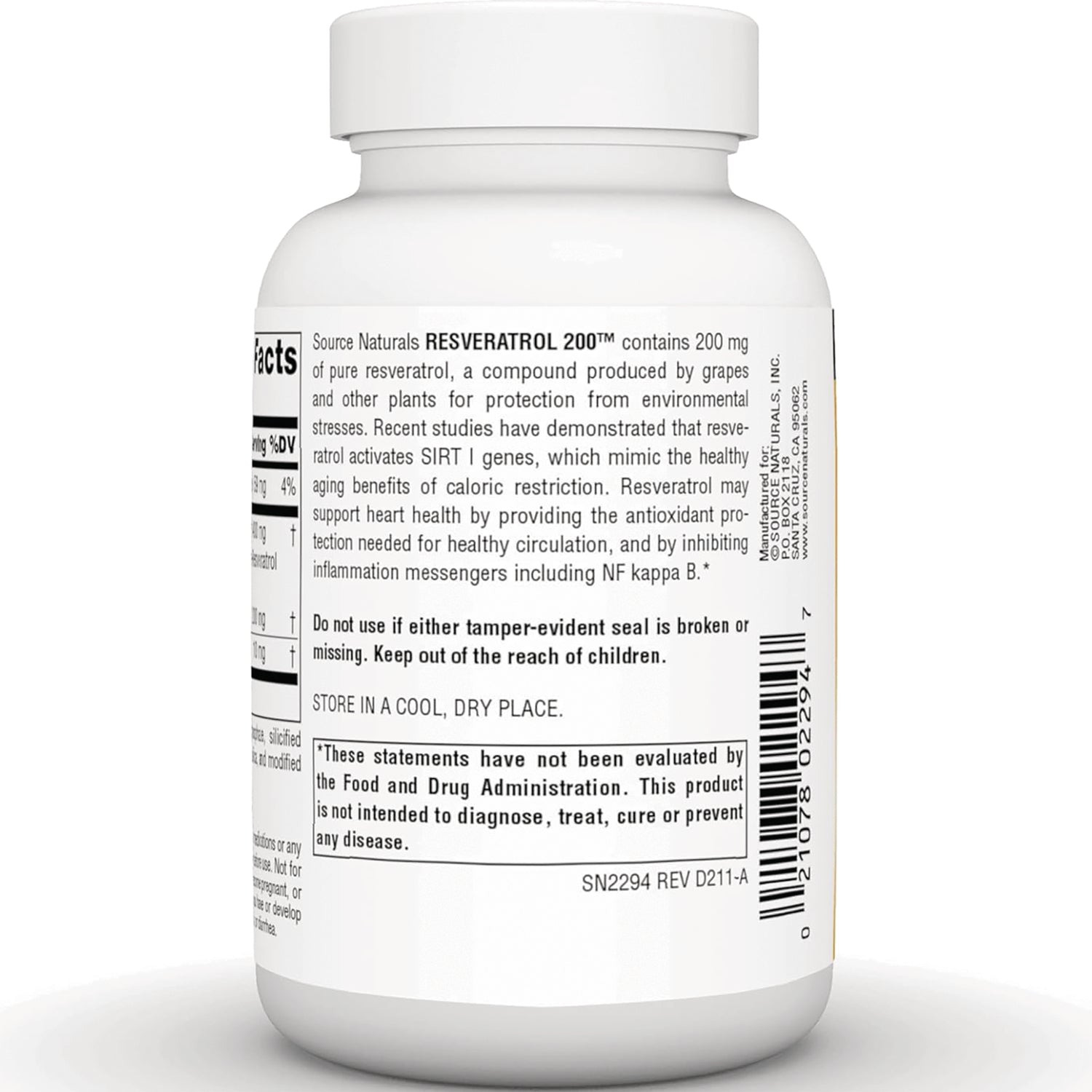 SN827 | Source Naturals Resveratrol 200 back label with supplement facts, warnings, and barcode