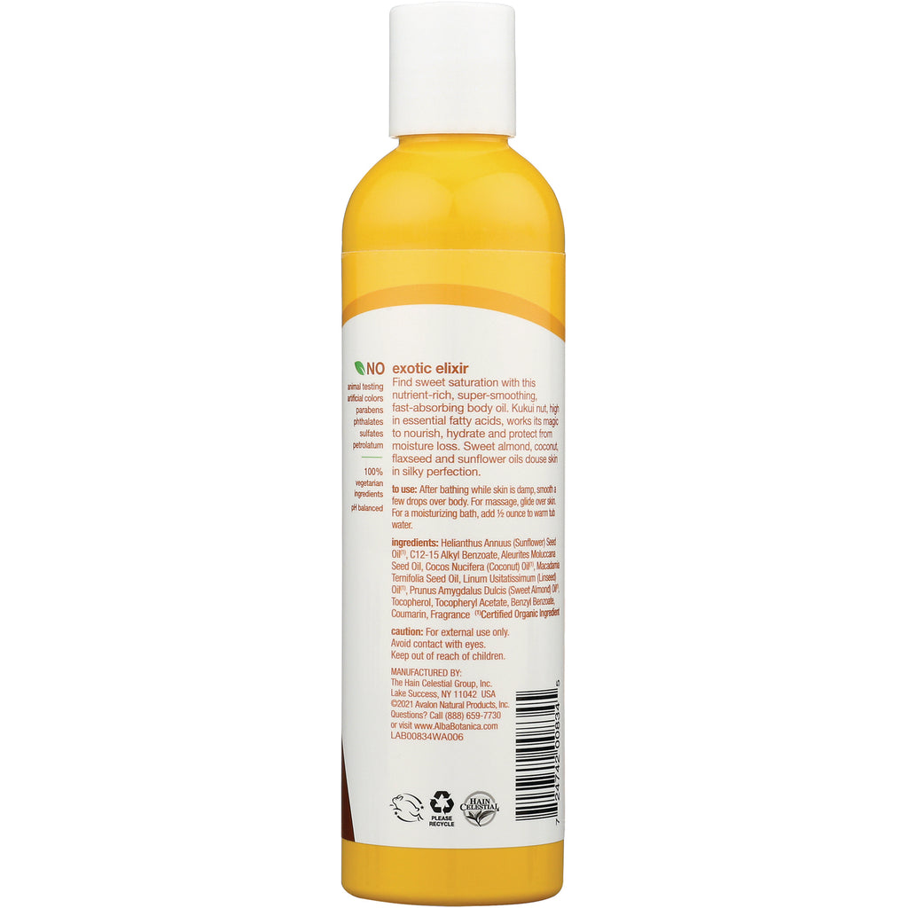ABA008 | Back label of Alba Botanica body oil with ingredients, directions, caution text, and barcode - Thumbnail