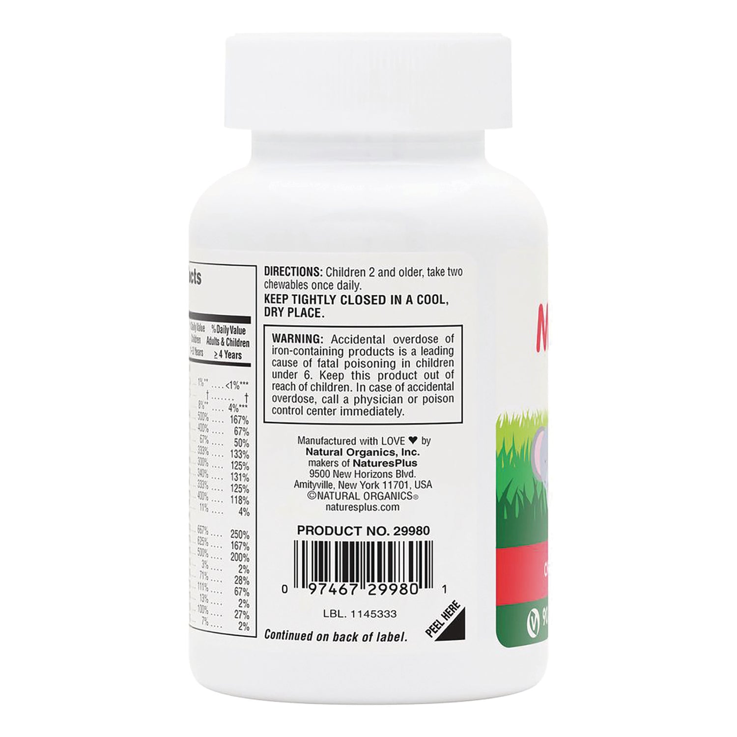 NTP044 | Back label of white supplement bottle showing directions, warning box, barcode and partial supplement facts
