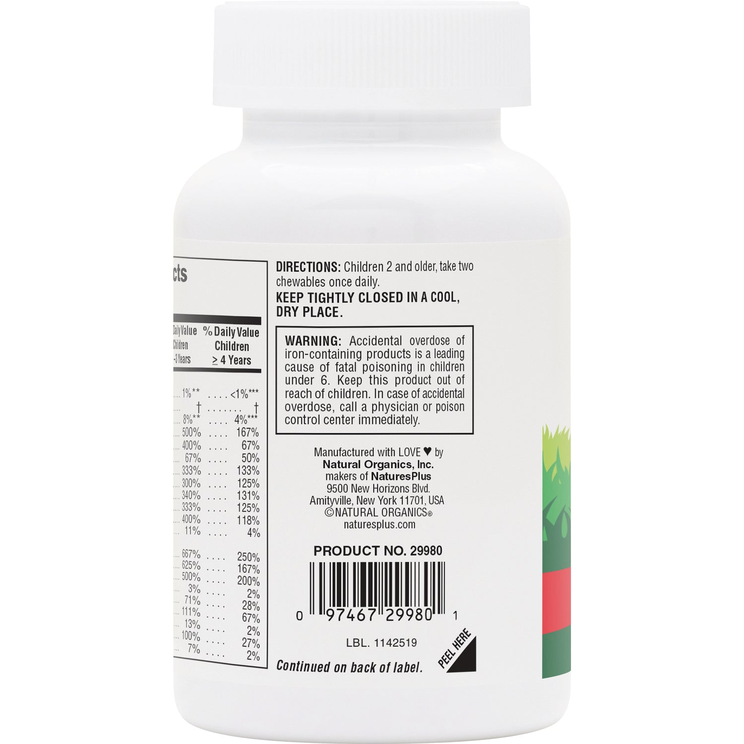 NTP044 | Back label of white supplement bottle showing directions, warning box, barcode and partial supplement facts