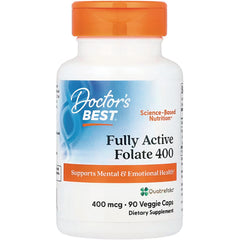 DB134 | Doctor's Best Fully Active Folate 400 supplement bottle front label, 400 mcg 90 veggie caps