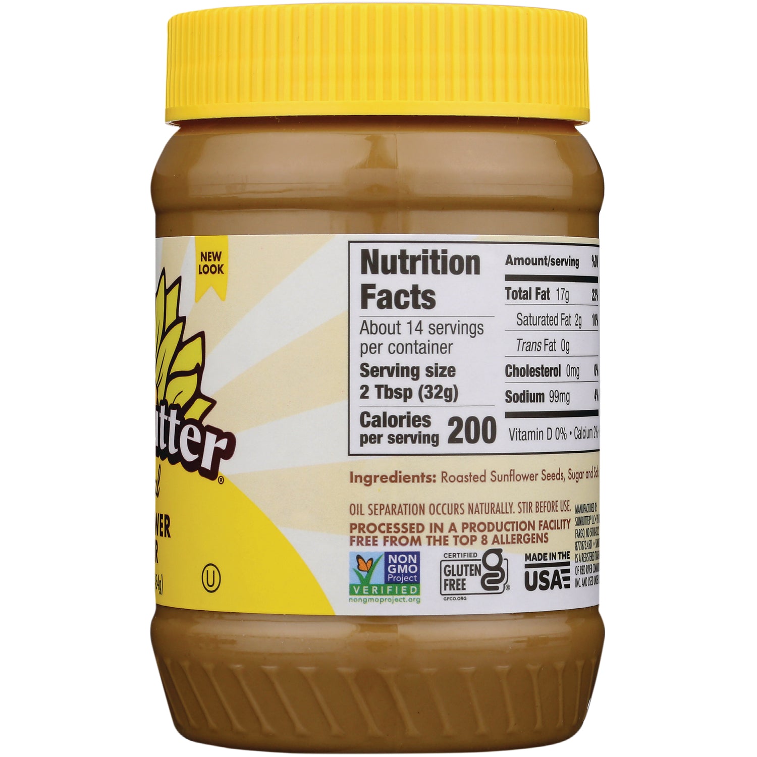 SBT001 | Back of sunflower butter jar showing Nutrition Facts panel, serving size 2 Tbsp (32g) and ingredients