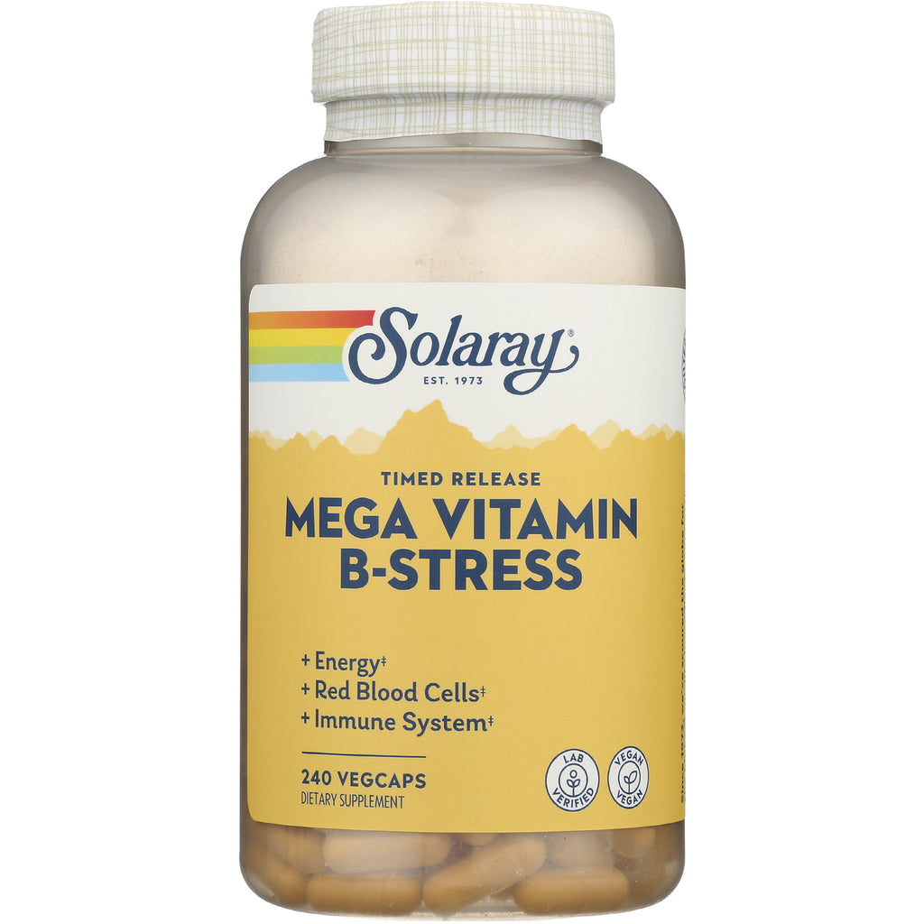 SLR453 | Solaray Mega Vitamin B-Stress timed release bottle front, label shows 240 vegcaps and benefits for energy, red blood cells, immune system - Thumbnail