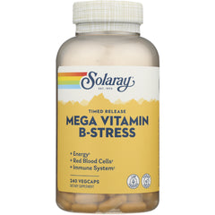 SLR453 | Solaray Mega Vitamin B-Stress timed release bottle front, label shows 240 vegcaps and benefits for energy, red blood cells, immune system
