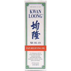 POP017 | KWAN LOONG pain relieving oil white rectangular box with blue Chinese characters and orange PAIN RELIEVING OIL label