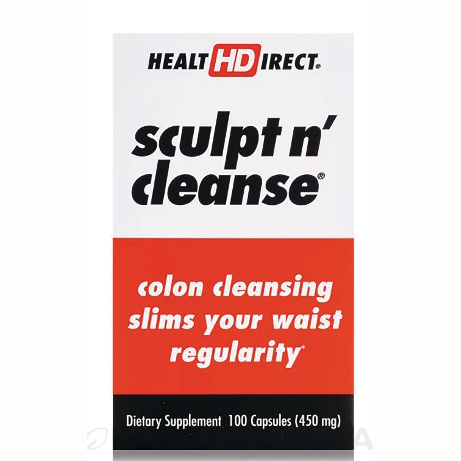 HD003 | Sculpt n' cleanse supplement box front with red panel reading colon cleansing slims your waist regularity