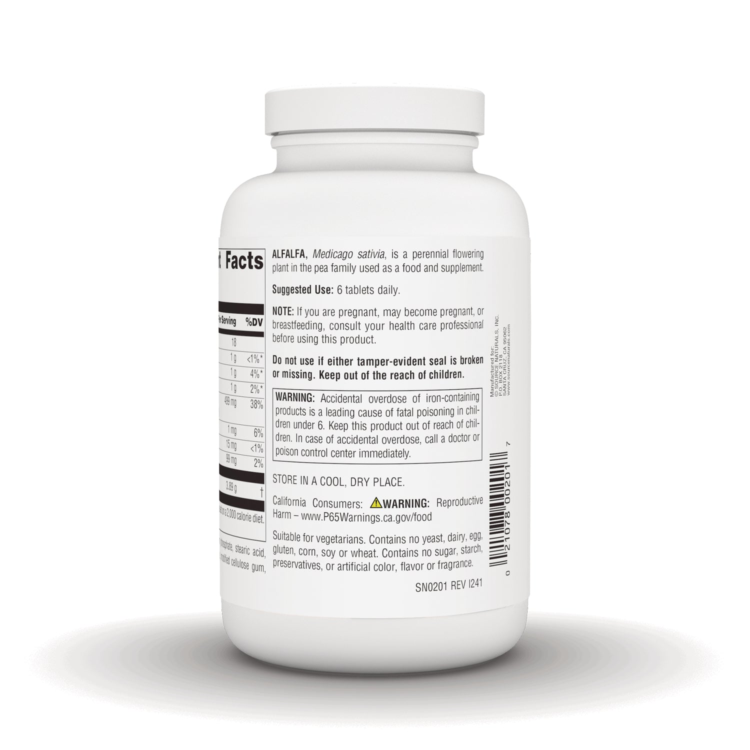 SN525 | Back label with Supplement Facts, suggested use 6 tablets daily, warnings, and barcode