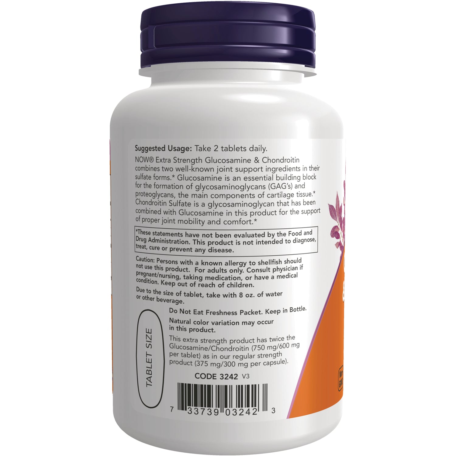 NWF546 | Back label of white supplement bottle showing suggested usage, warnings, tablet size oval, and barcode