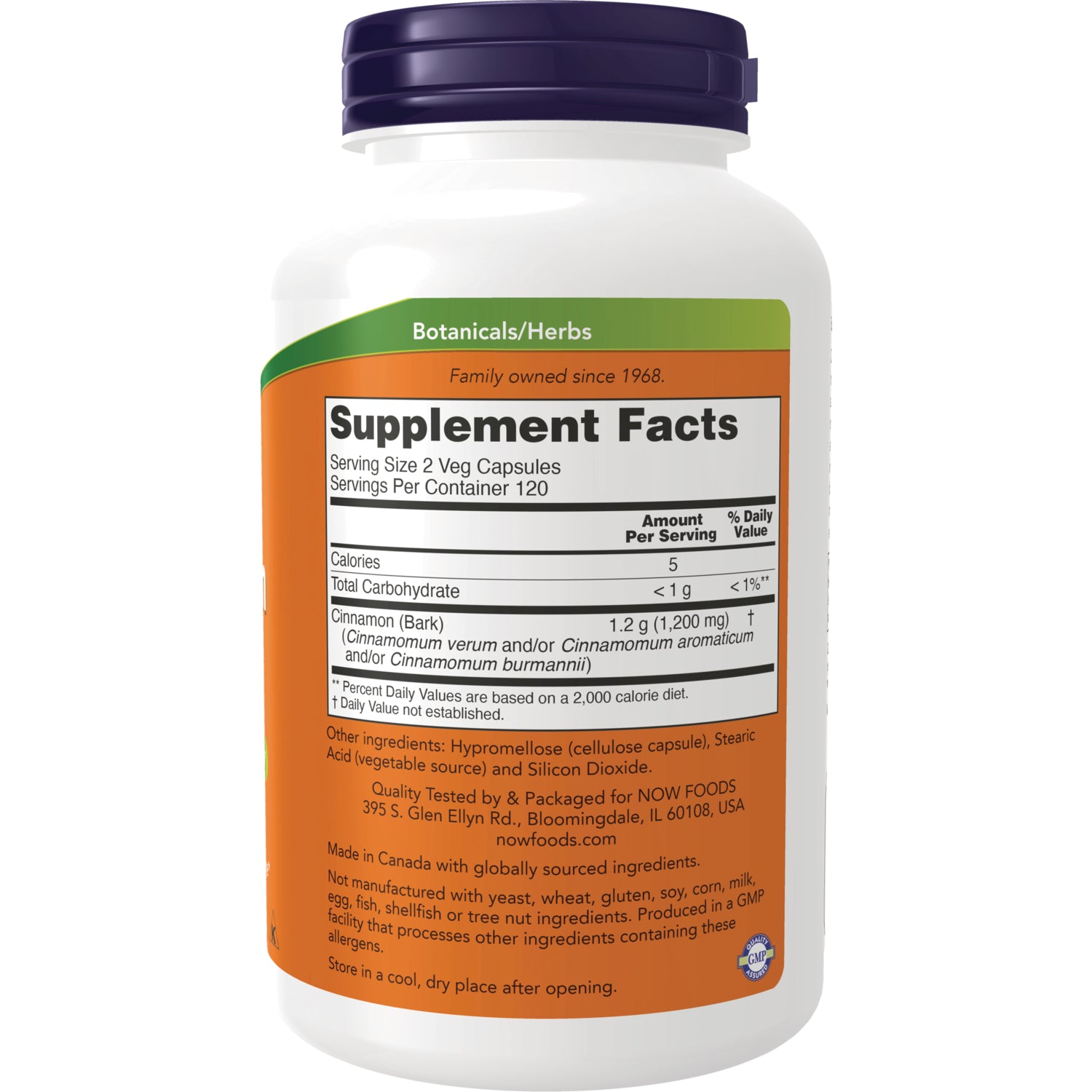 NWF665 | Back label showing Supplement Facts and ingredients for cinnamon bark supplement bottle