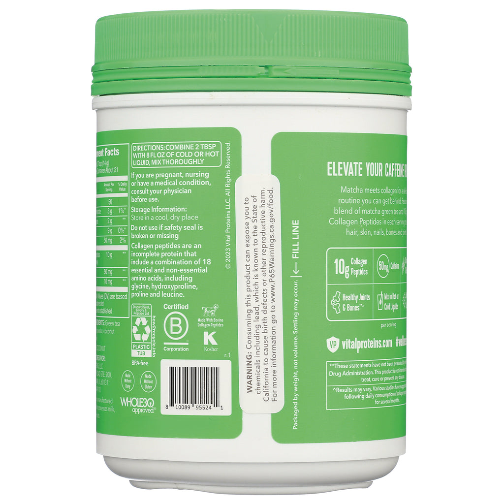 VPR058 | Back of Vital Proteins Matcha Collagen canister showing directions, callouts (10g collagen, 50mg caffeine), and barcode - Thumbnail