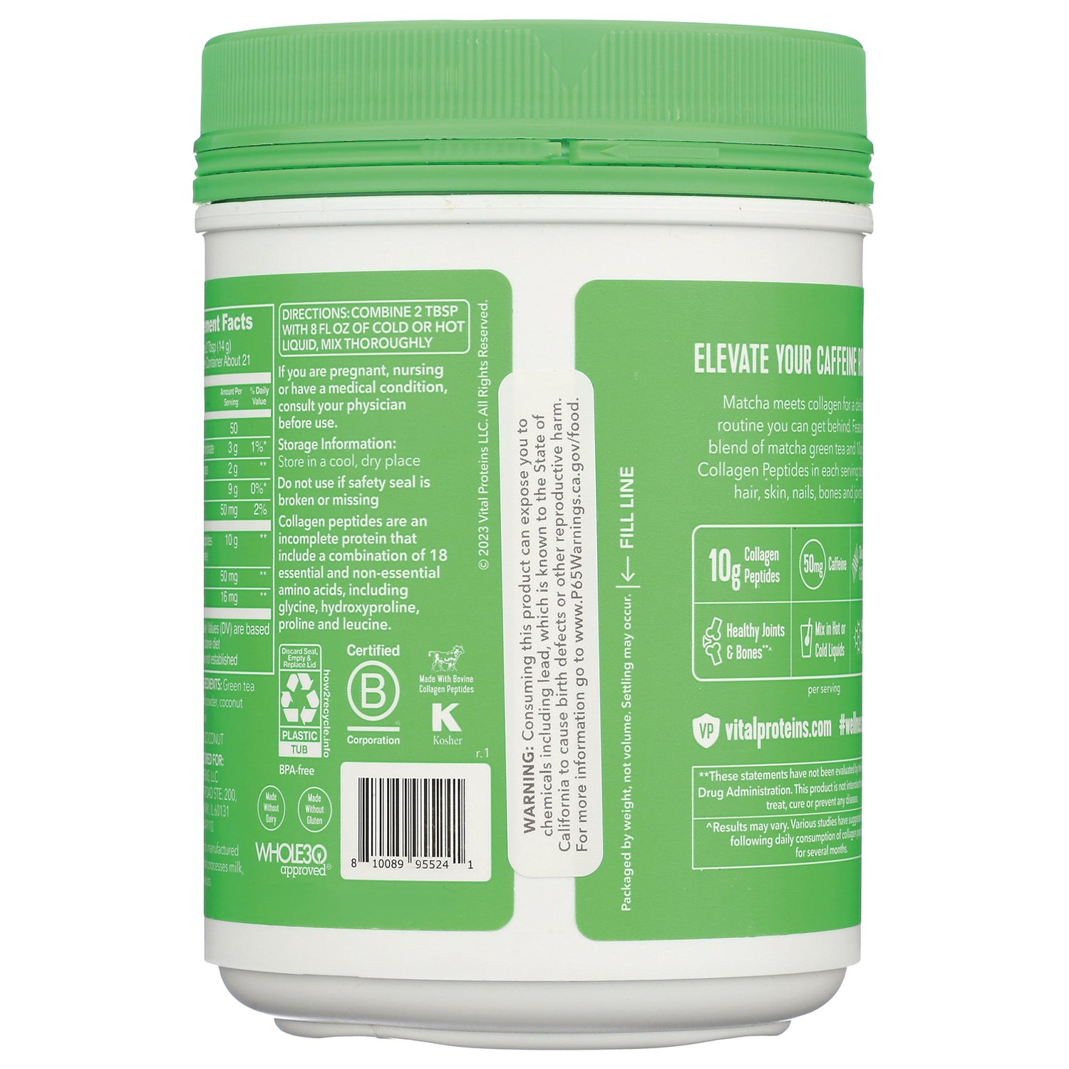 VPR058 | Back of Vital Proteins Matcha Collagen canister showing directions, callouts (10g collagen, 50mg caffeine), and barcode