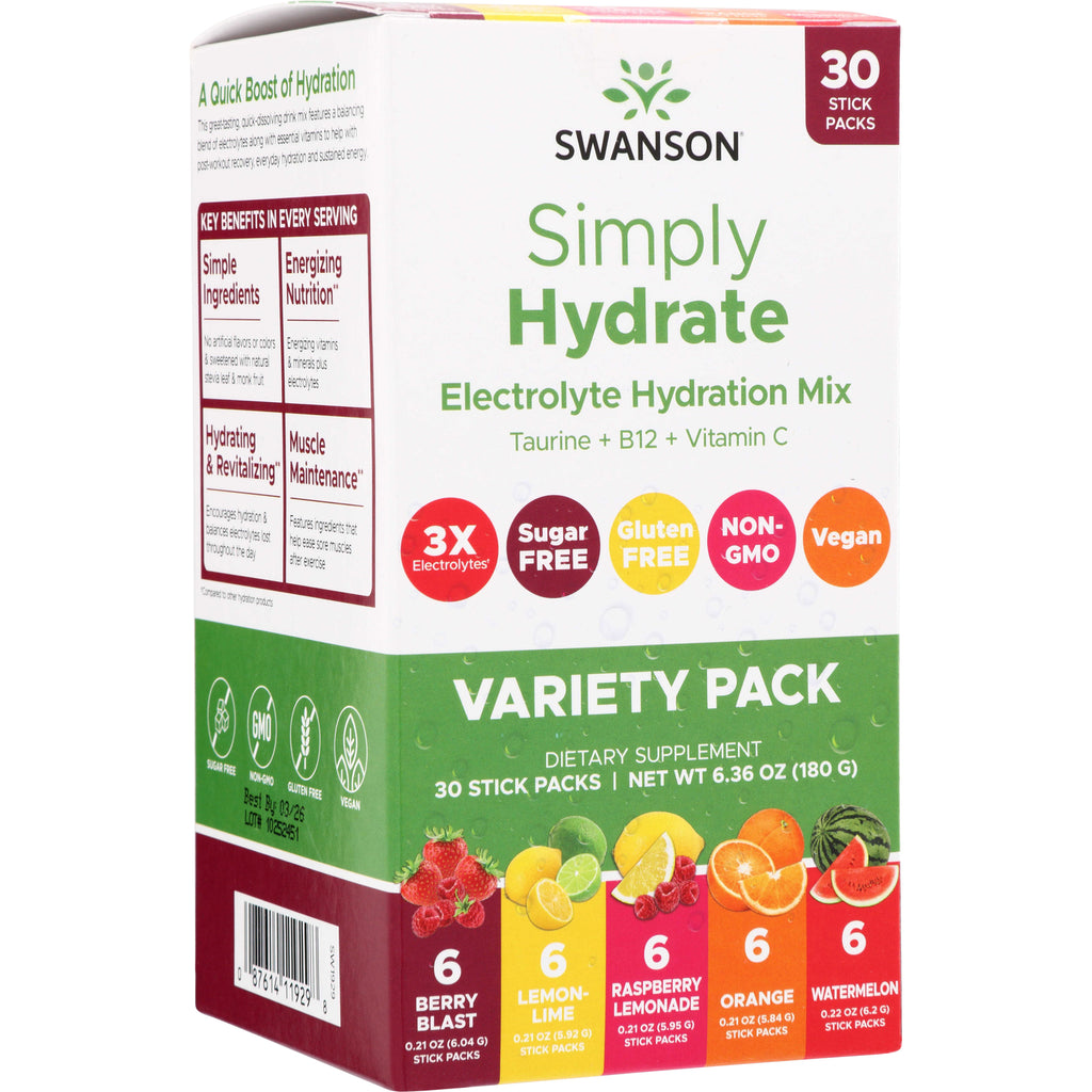 SW1929 | Swanson Simply Hydrate Electrolyte Hydration Mix variety pack, 30 stick packs, sugar free, non-GMO, vegan - Thumbnail