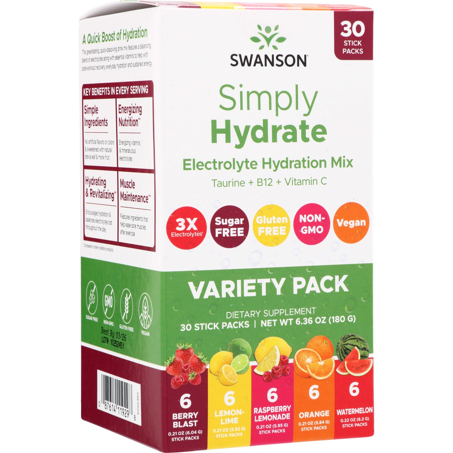 SW1929 | Swanson Simply Hydrate Electrolyte Hydration Mix variety pack, 30 stick packs, sugar free, non-GMO, vegan