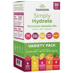 SW1929 | Swanson Simply Hydrate Electrolyte Hydration Mix variety pack, 30 stick packs, sugar free, non-GMO, vegan