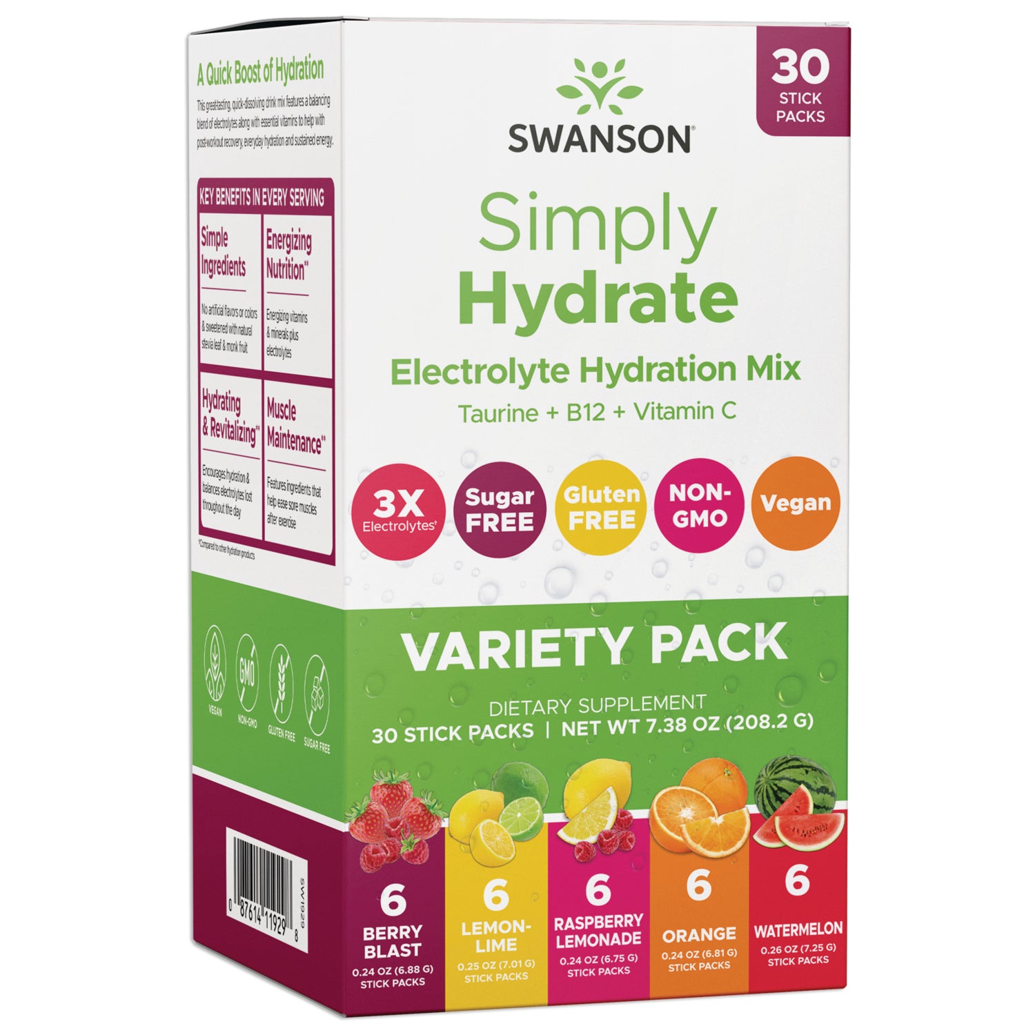 SW1929 | Swanson Simply Hydrate Electrolyte Hydration Mix variety pack, 30 stick packs, sugar free, non-GMO, vegan