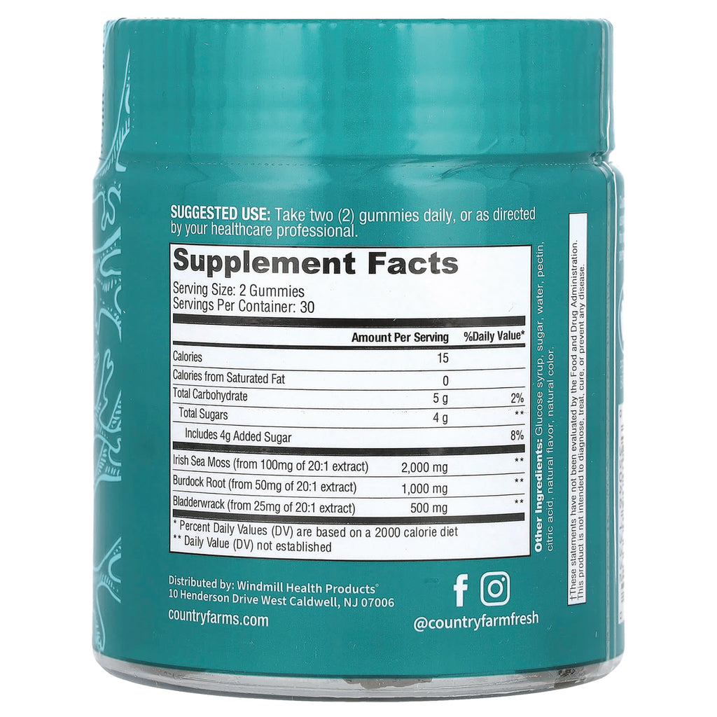 CFR024 | Teal supplement jar back showing Supplement Facts label with serving size 2 gummies, ingredient amounts, and company info - Thumbnail