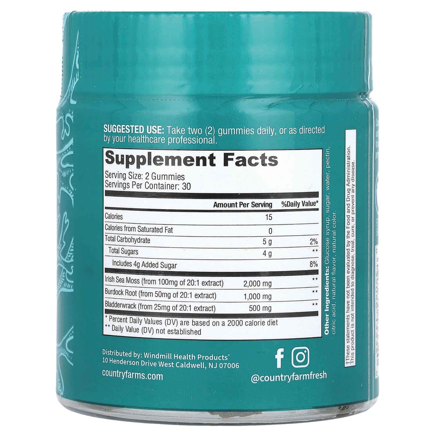 CFR024 | Teal supplement jar back showing Supplement Facts label with serving size 2 gummies, ingredient amounts, and company info