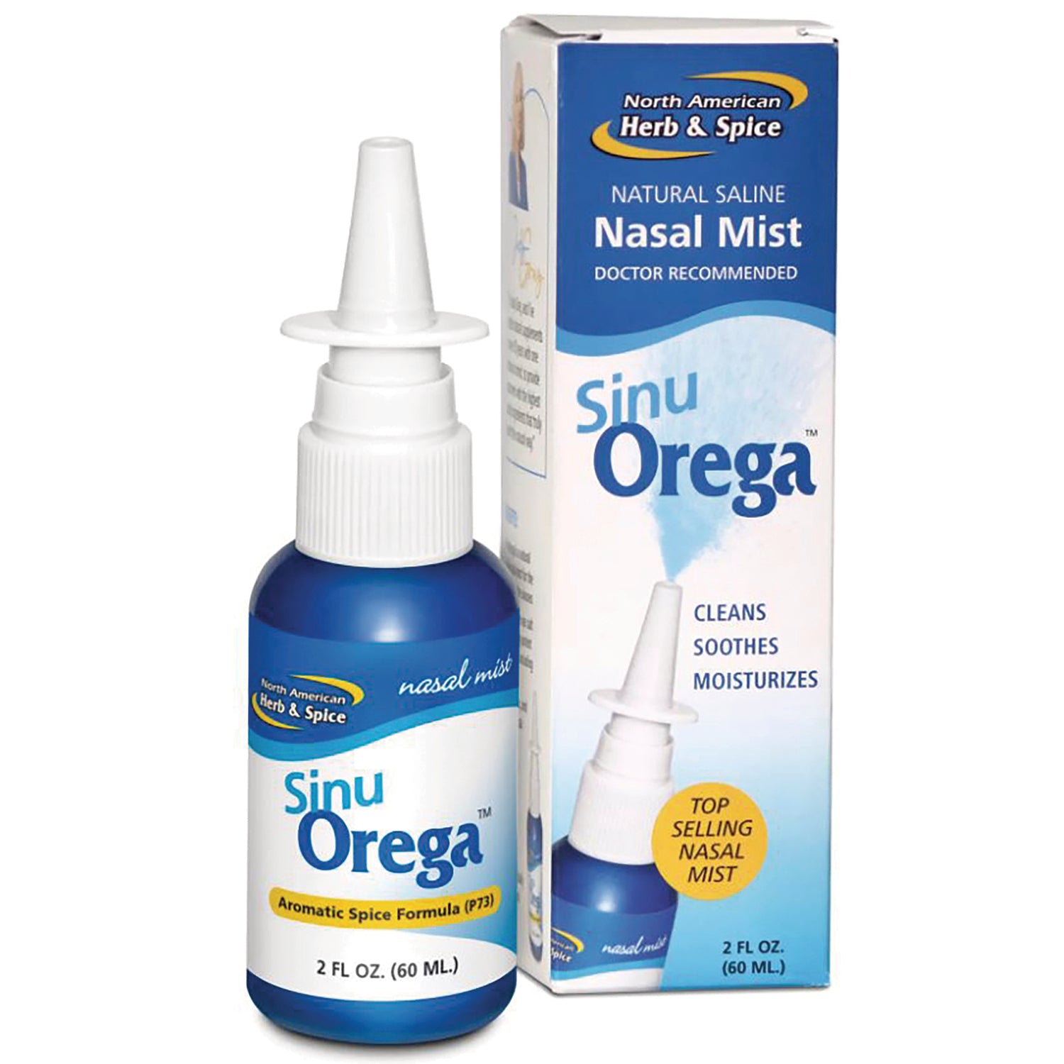NHS025 | Blue nasal mist bottle and box labeled Sinu Orega Nasal Mist, 2 fl oz