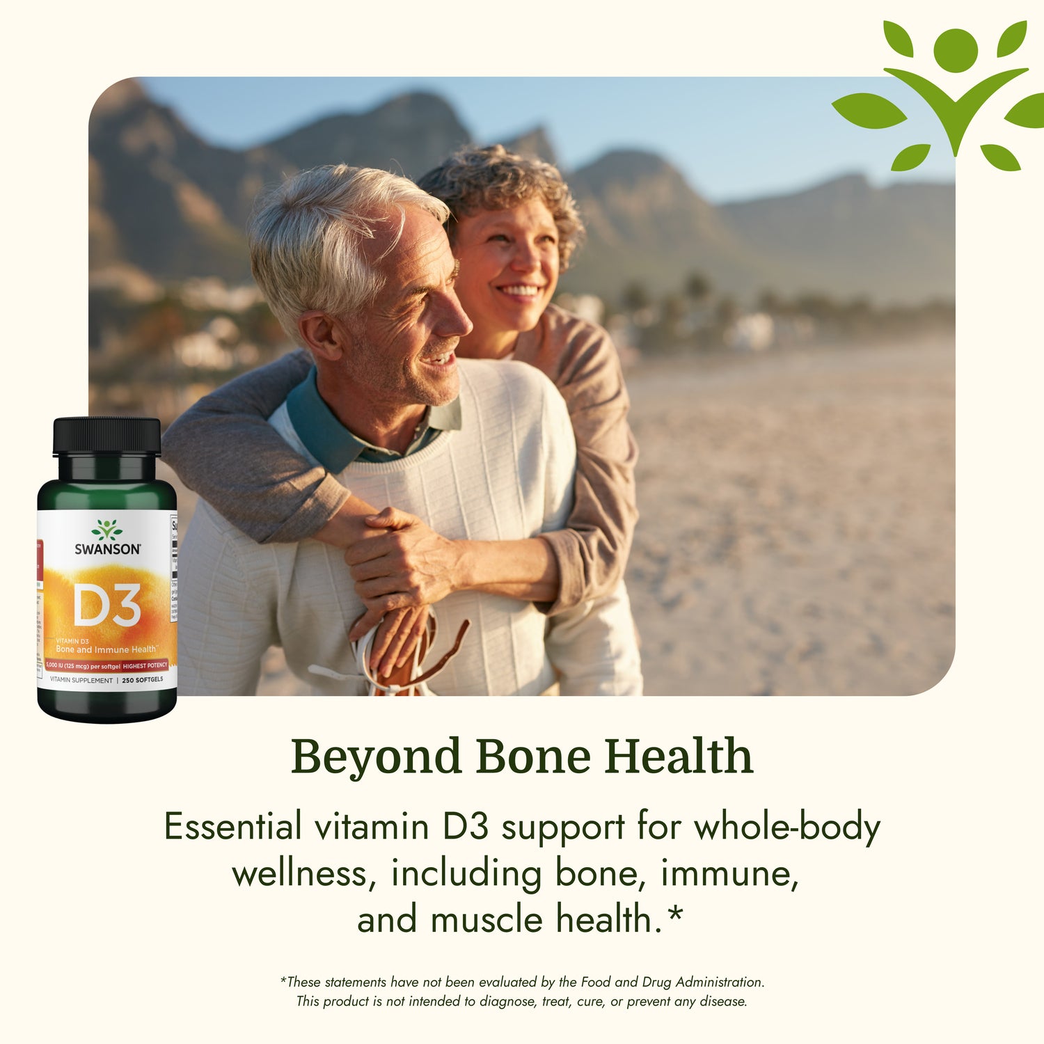 SW1371 | Older couple enjoying a beach walk with Swanson D3 supplement bottle and wellness message