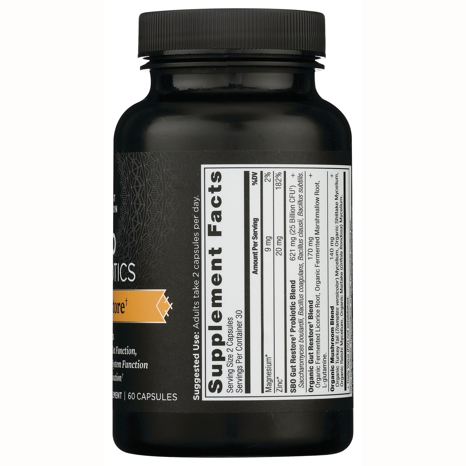 ATN070 | Bottle back label with Supplement Facts panel and ingredient list on black capsule bottle