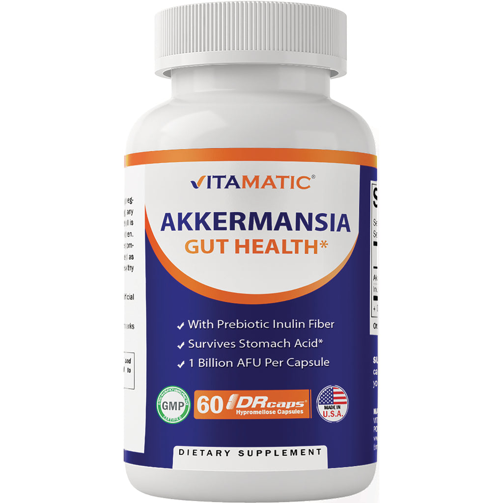 VAM002 | Vitamatic Akkermansia Gut Health dietary supplement bottle, 60 DRcaps, with prebiotic inulin fiber - Thumbnail