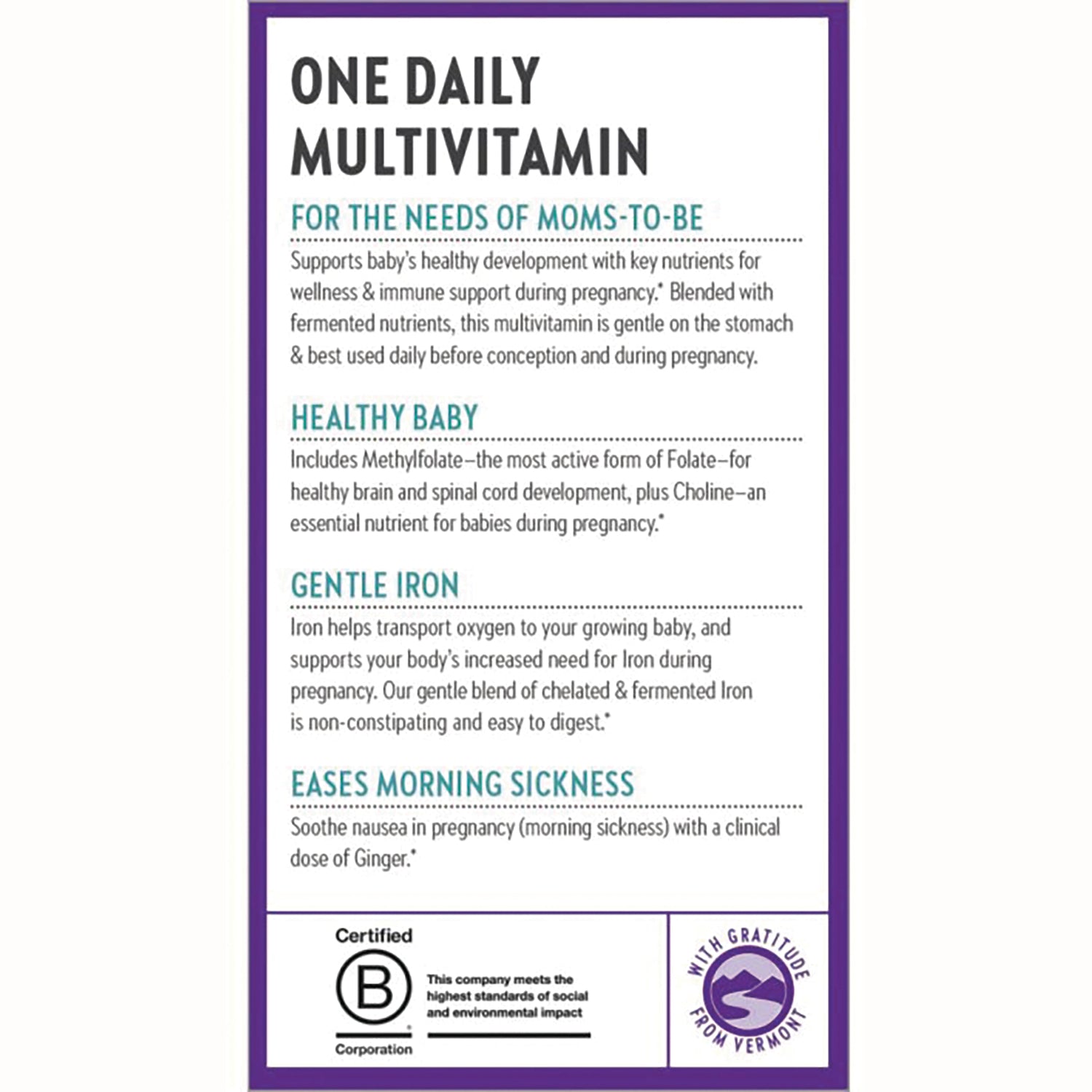 NWC357 | One Daily Multivitamin for moms-to-be infographic highlighting healthy baby, gentle iron, and easing morning sickness