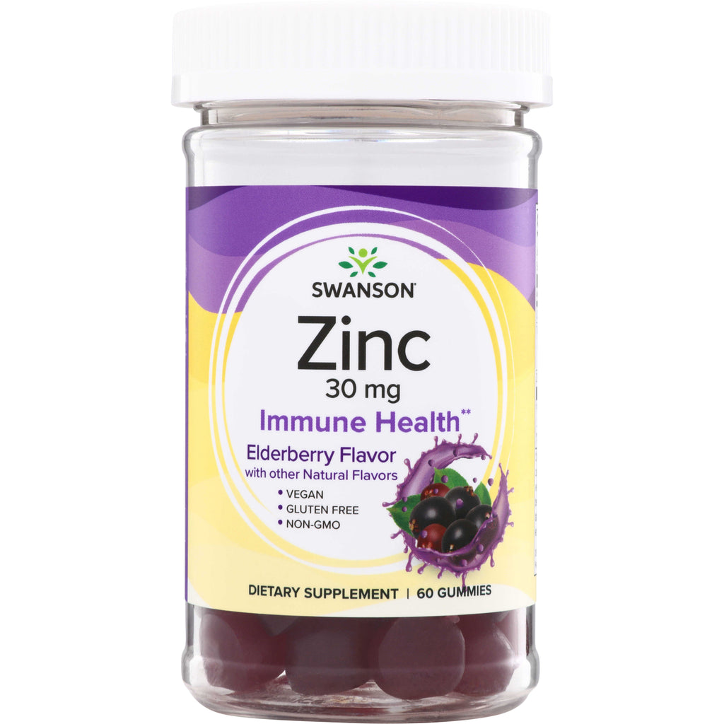 SW1846 | Swanson Zinc 30 mg Immune Health elderberry flavor gummies, 60 gummies bottle front label - Thumbnail