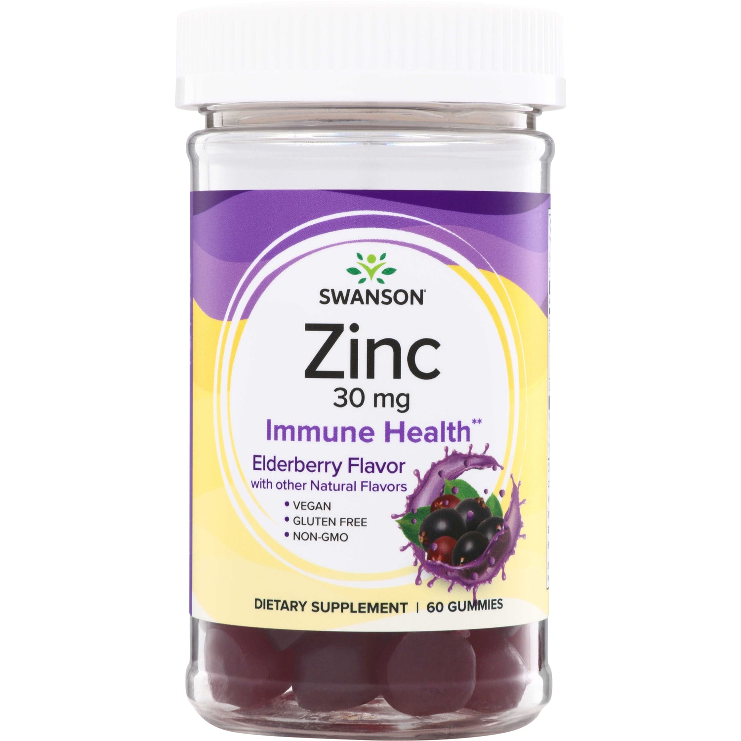 SW1846 | Swanson Zinc 30 mg Immune Health elderberry flavor gummies, 60 gummies bottle front label