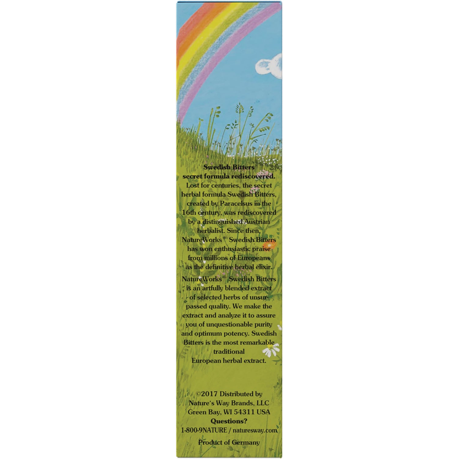 NR003 | narrow product infographic panel with rainbow over grass and printed Swedish Bitters product description and distributor info