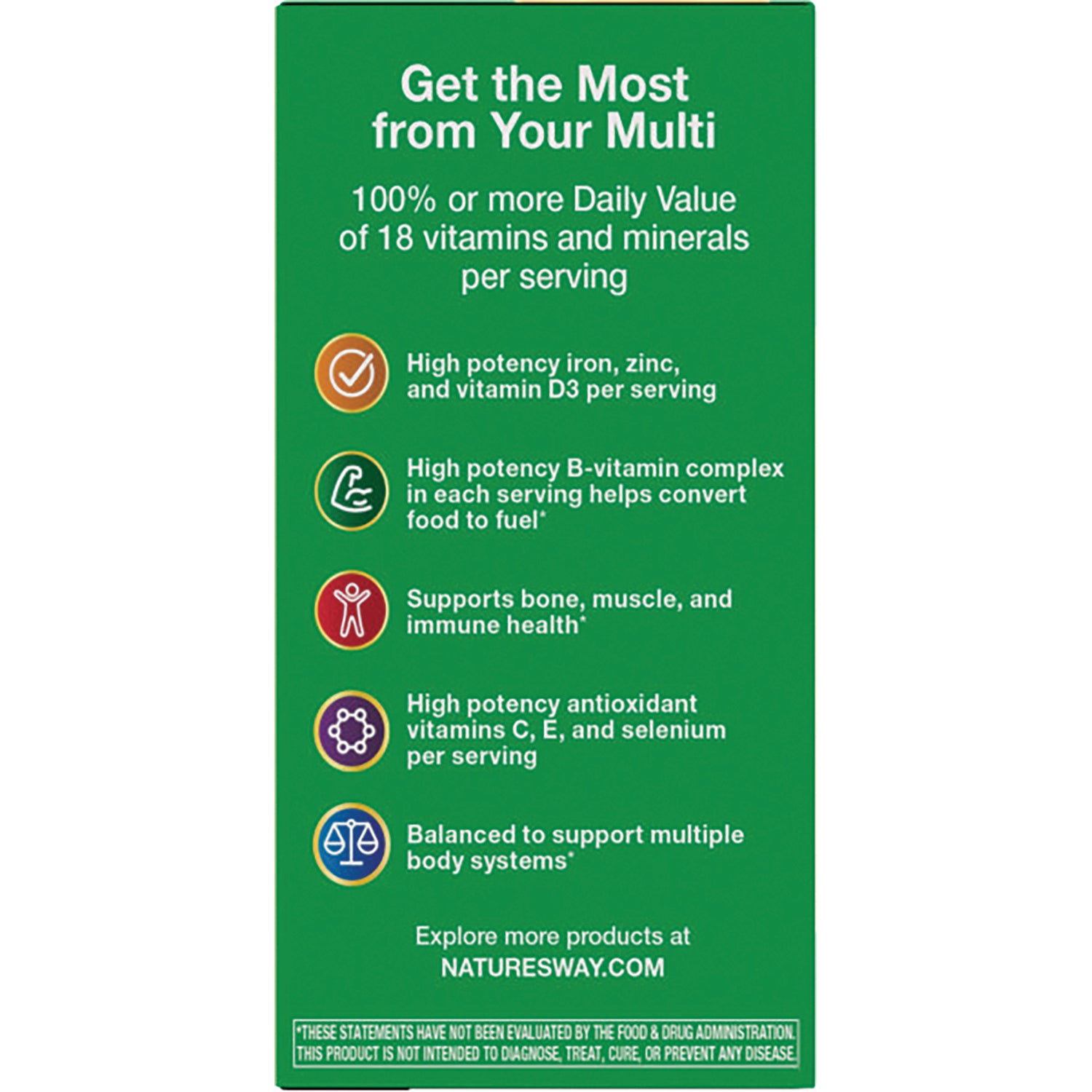 NW789 | product infographic green panel reading Get the Most from Your Multi and listing multivitamin benefits, NATURESWAY.COM