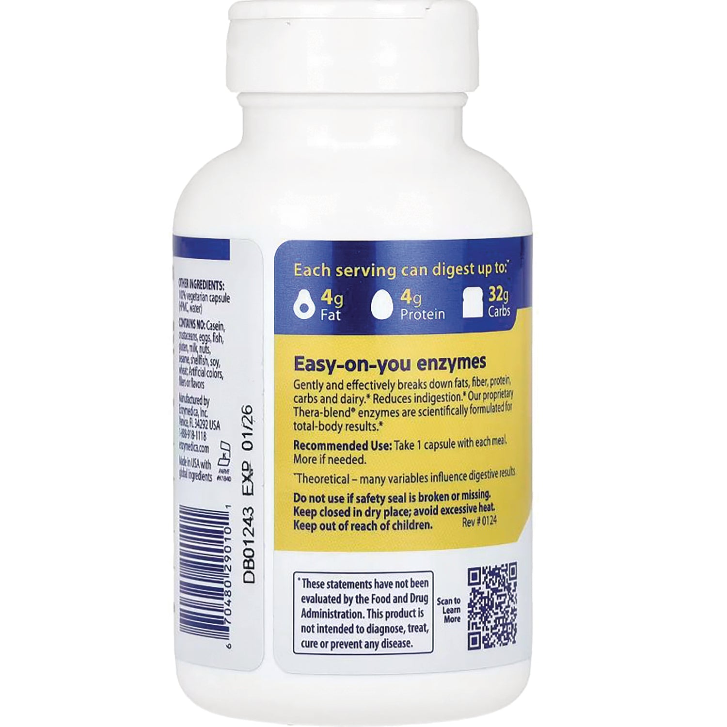 EMD039 | Back label of white supplement bottle reading Easy-on-you enzymes with nutrition icons 4g Fat, 4g Protein, 32g Carbs
