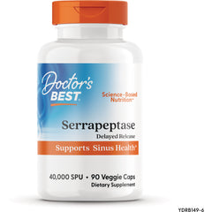 DB097 | White Doctor's Best Serrapeptase bottle labeled Delayed Release, supports Sinus Health, 40,000 SPU, 90 veggie caps