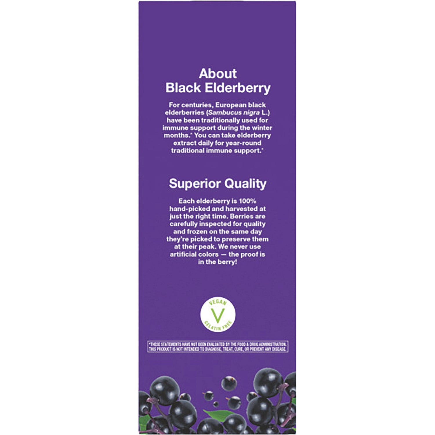 NW661 | Purple product infographic about black elderberry with Superior Quality text, vegan badge and berry illustrations