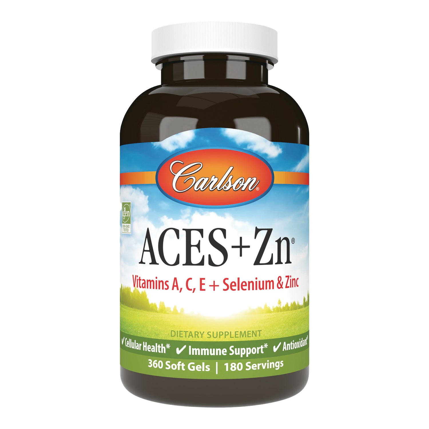 CSN312 | Carlson ACES+Zn dietary supplement bottle front labeled Vitamins A C E + Selenium & Zinc 360 soft gels