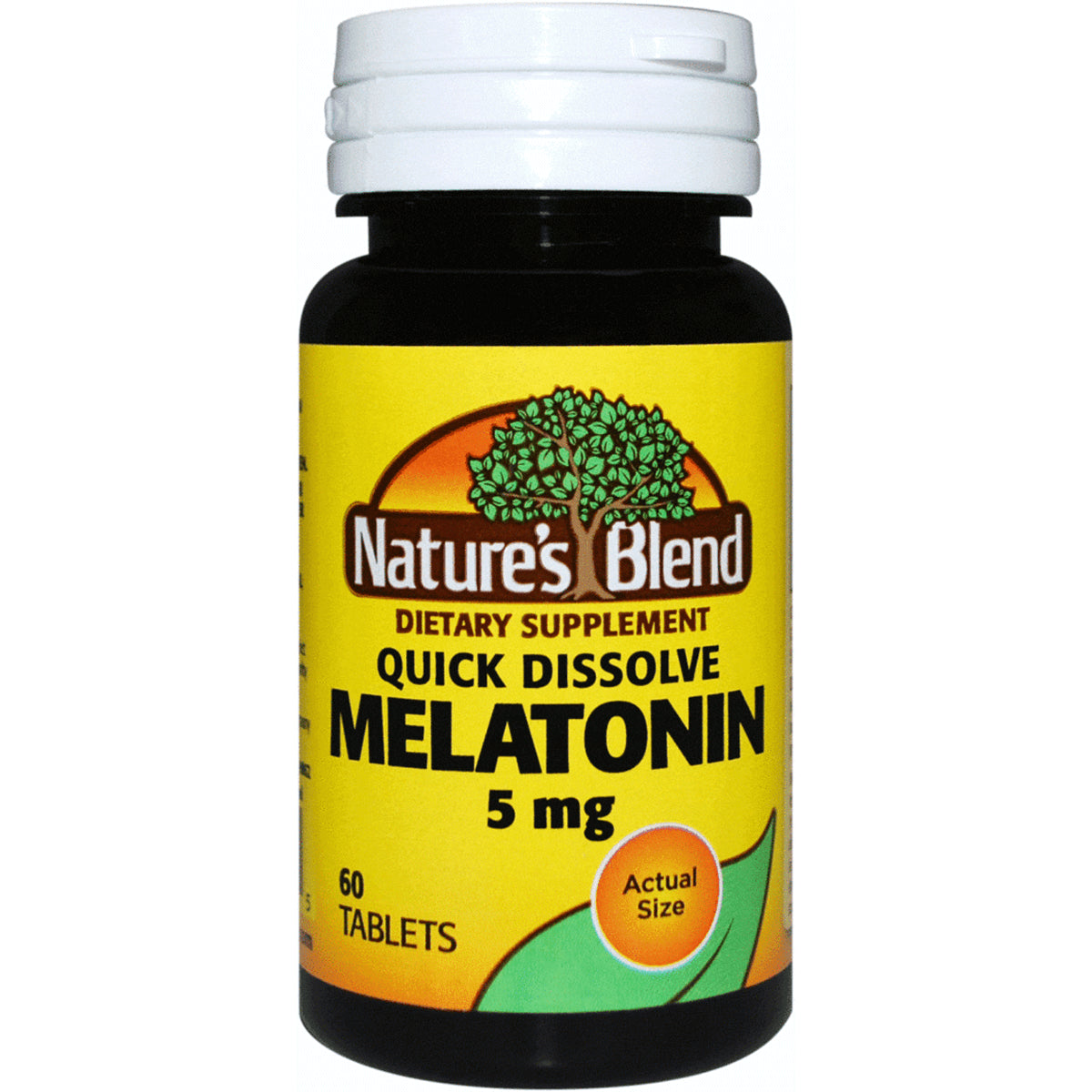 NAB113 | Nature's Blend Quick Dissolve Melatonin 5 mg black bottle with yellow label 60 tablets