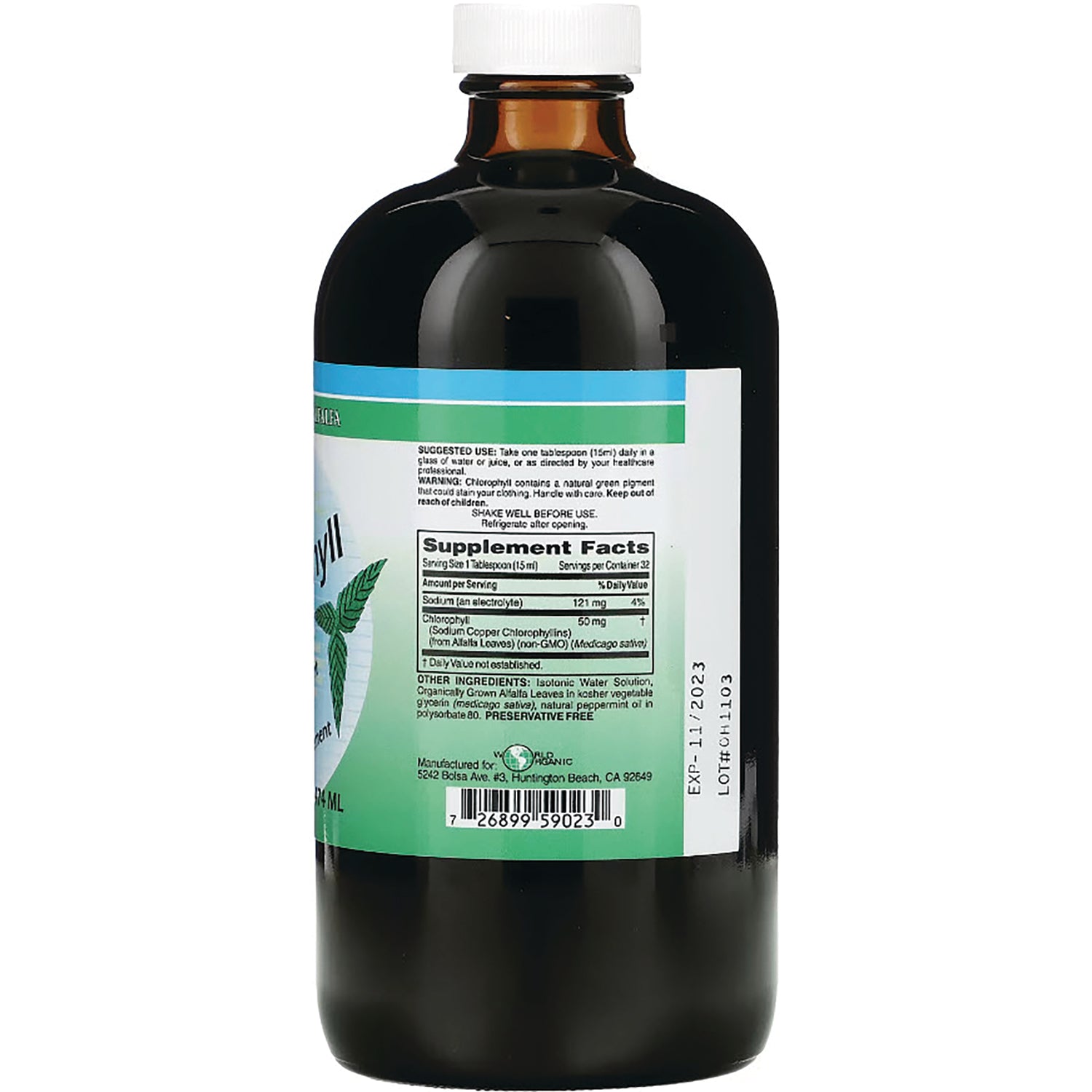 WOG010 | Back of liquid supplement bottle showing Supplement Facts and ingredients panel