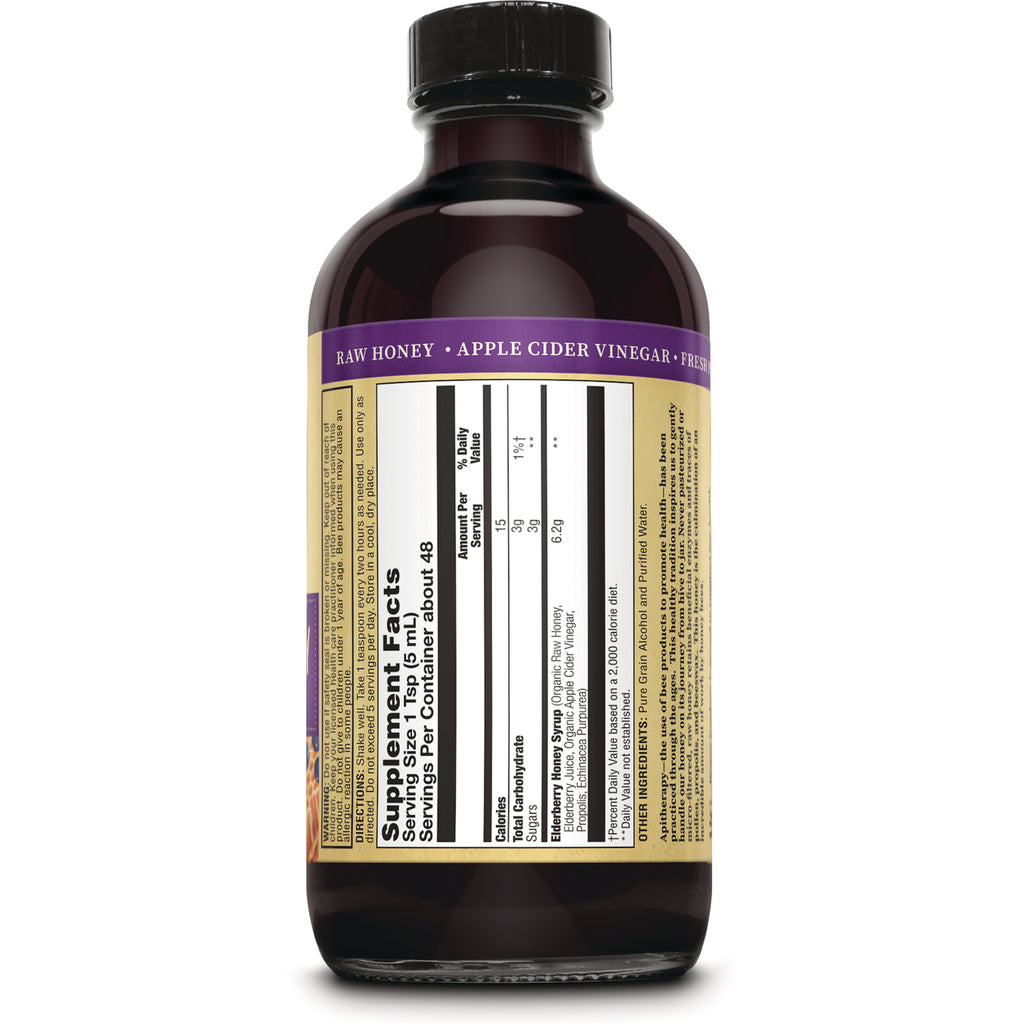 HGR004 | Back of dark syrup bottle showing Supplement Facts panel and ingredients label reading RAW HONEY  APPLE CIDER VINEGAR - Thumbnail