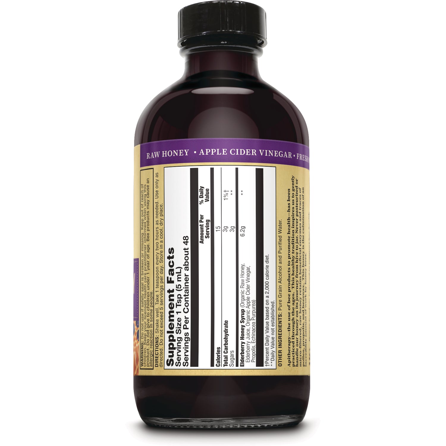 HGR004 | Back of dark syrup bottle showing Supplement Facts panel and ingredients label reading RAW HONEY  APPLE CIDER VINEGAR