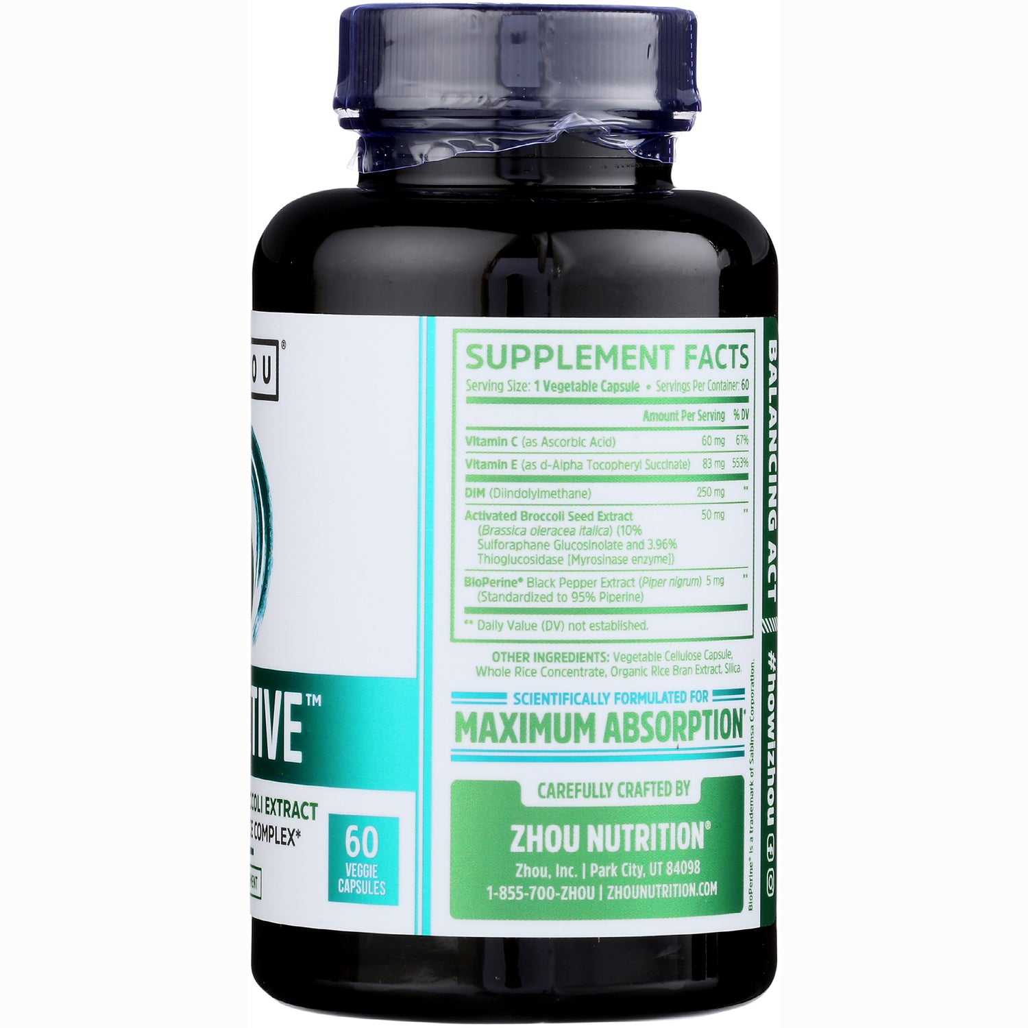 ZOU016 | Back label with Supplement Facts, Maximum Absorption callout, 60 veggie capsules by Zhou Nutrition