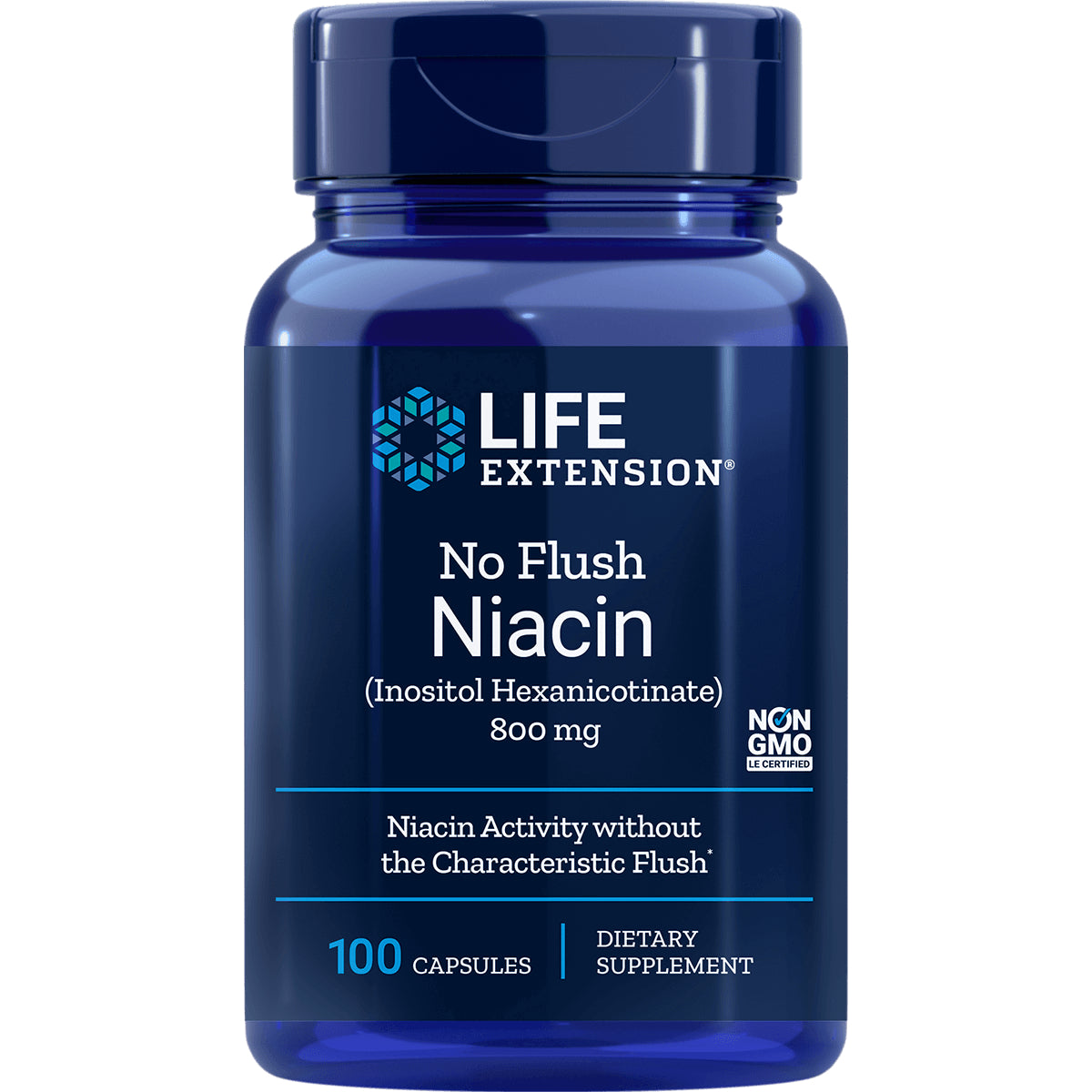 LE146 | Life Extension No Flush Niacin 800 mg bottle, front label showing 100 capsules dietary supplement