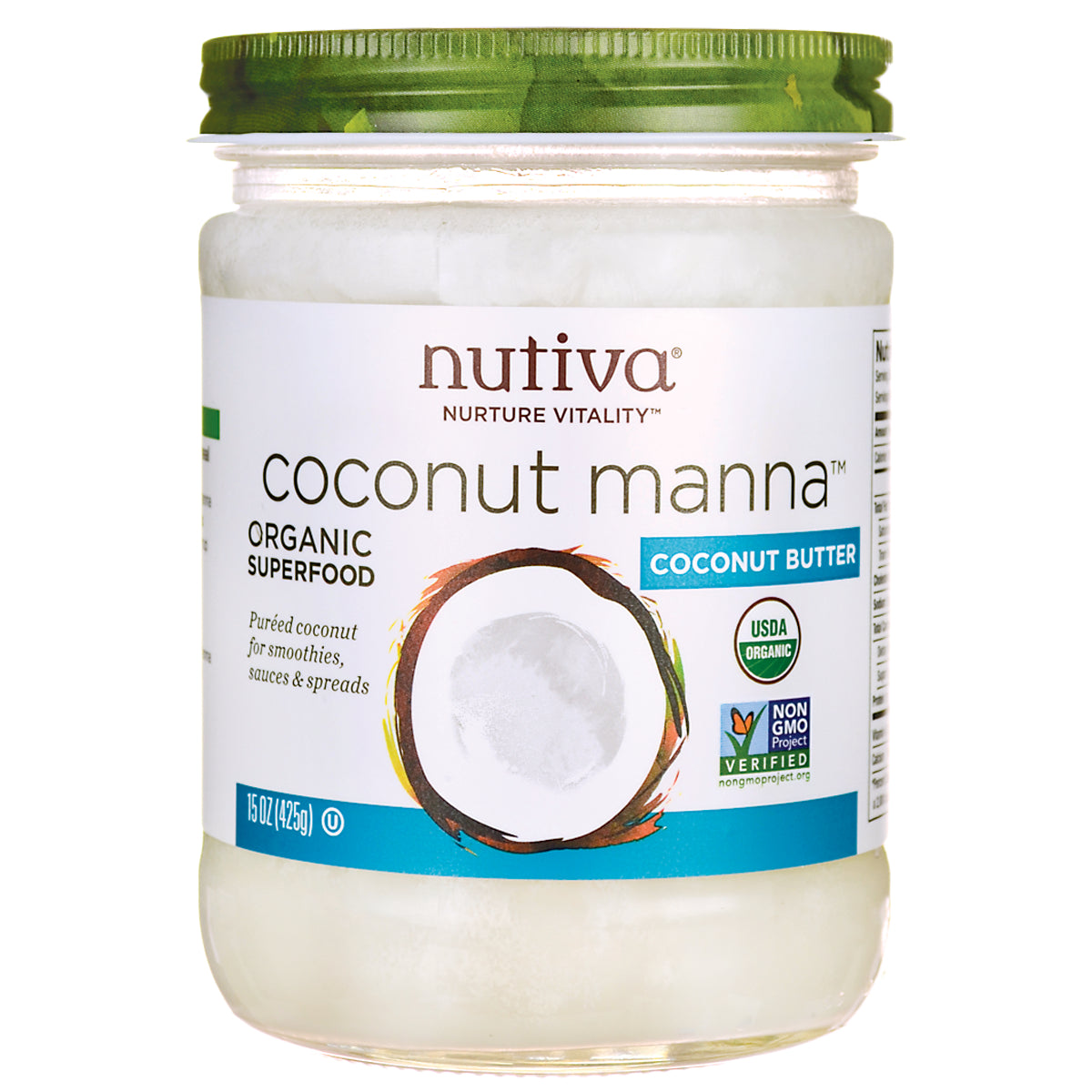 NTV020 | Nutiva Coconut Manna coconut butter jar front label showing USDA Organic and Non-GMO Verified