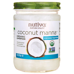 NTV020 | Nutiva Coconut Manna coconut butter jar front label showing USDA Organic and Non-GMO Verified