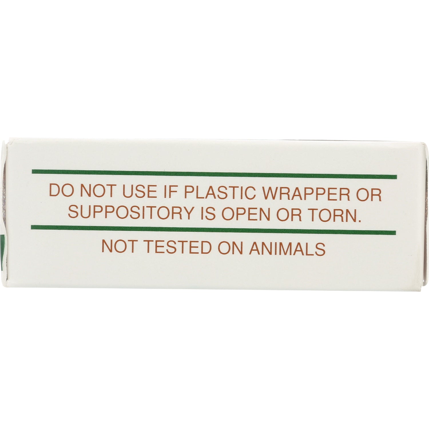 TTT008 | Back panel warning: Do not use if plastic wrapper or suppository is open or torn; Not tested on animals