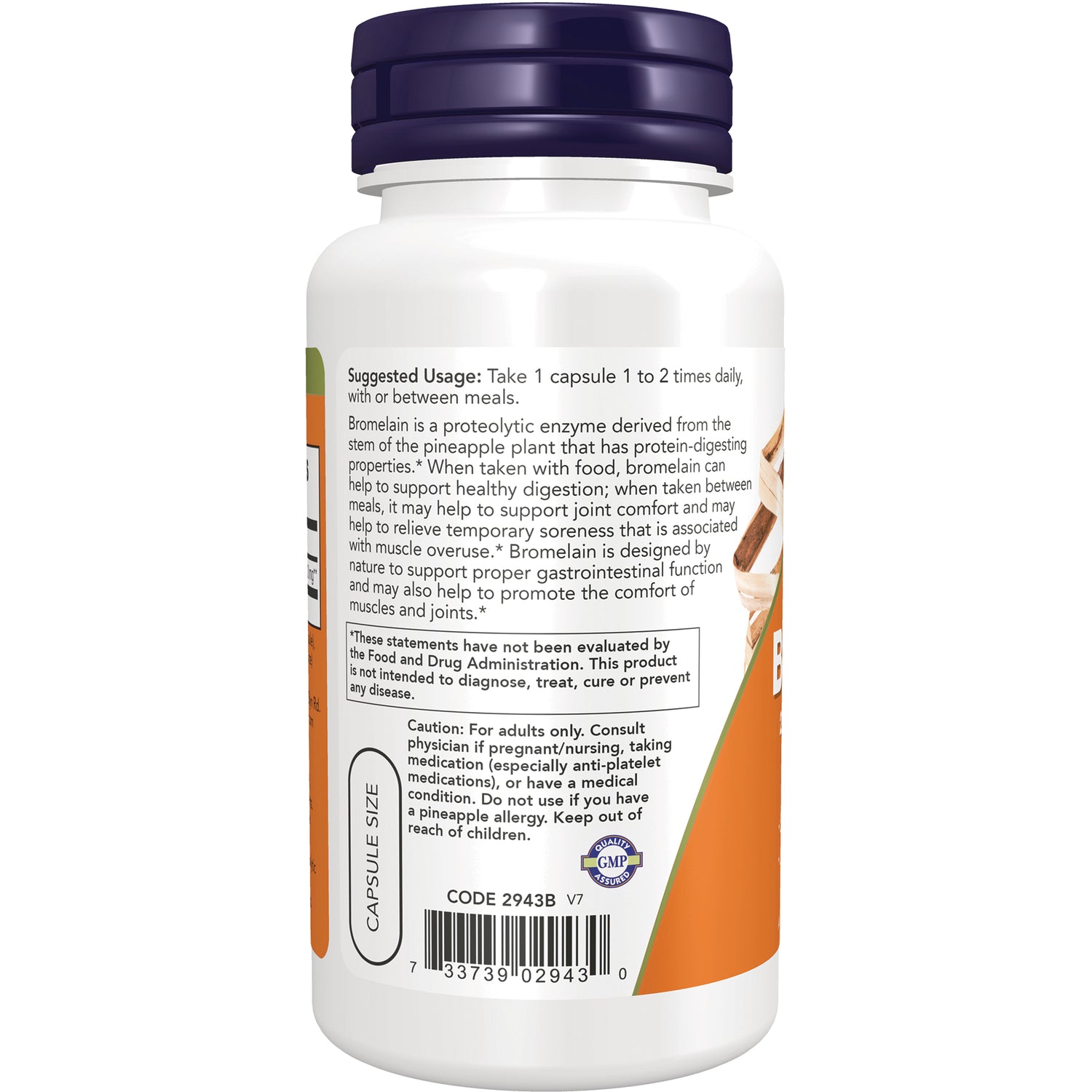 NWF293 | Back of white supplement bottle showing suggested usage, caution text, barcode and capsule size label