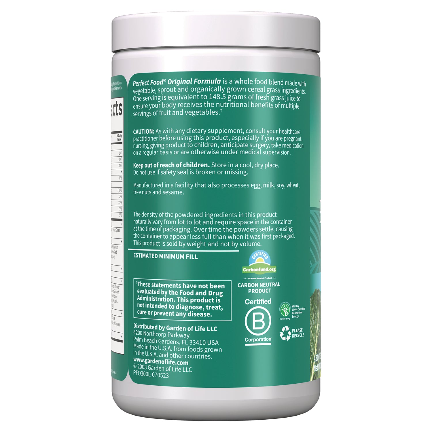 GLF086 | Back label of green supplement container showing caution, storage, certification, and distributor information