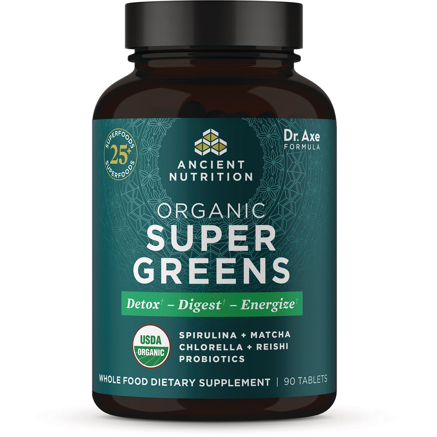 ATN107 | Ancient Nutrition Organic Super Greens bottle front label, USDA Organic, 90 tablets